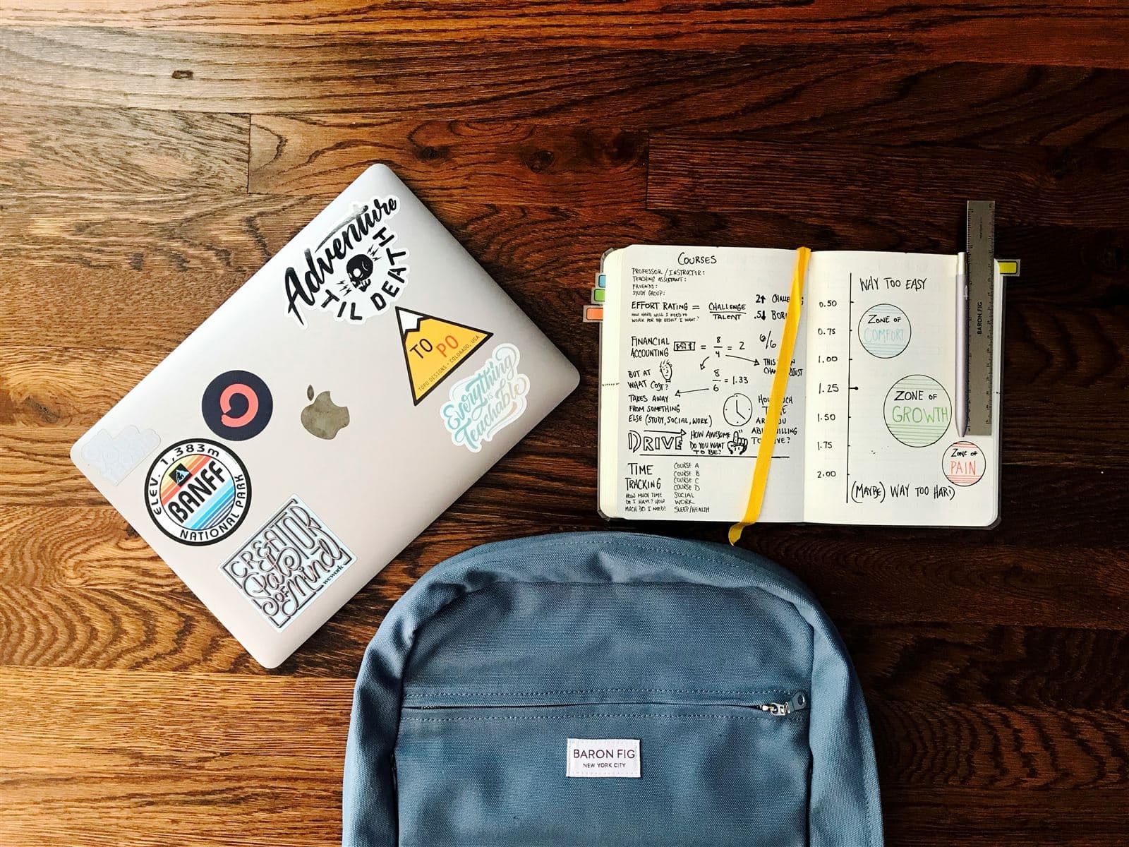 Sticker-covered laptop, study notebook, and backpack laid out on a wood floor